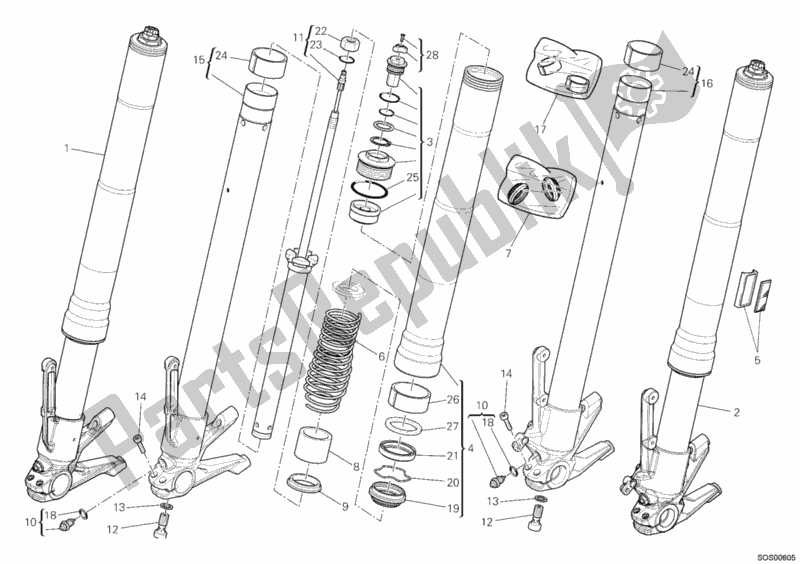 All parts for the Front Fork of the Ducati Diavel Carbon USA 1200 2012